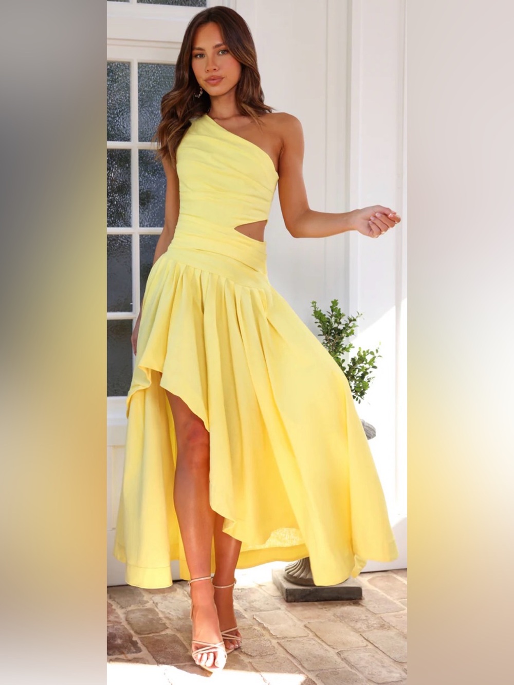 Lulus Sunny Persuasion Yellow Linen Cutout One-Shoulder Midi Dress Size Medium
